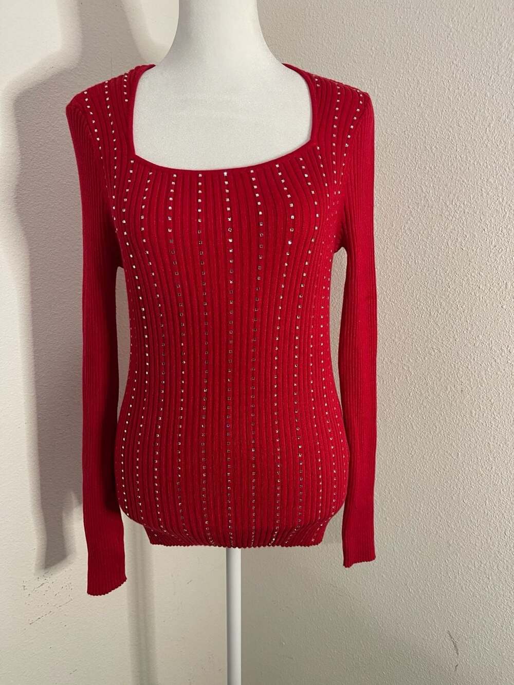 I.N.C. International Concepts Red Ribbed Long Sleeve Studded Square Neck Top L